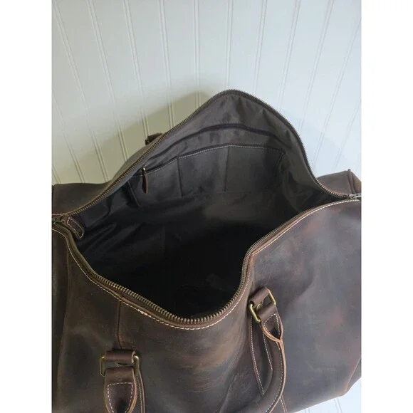 NEW LEATHFOCUS CHOCOLATE BROWN LEATHER TRAVEL DUFFLE BAG CARRY ON LUGGAGE-24inch - Picture 7 of 16